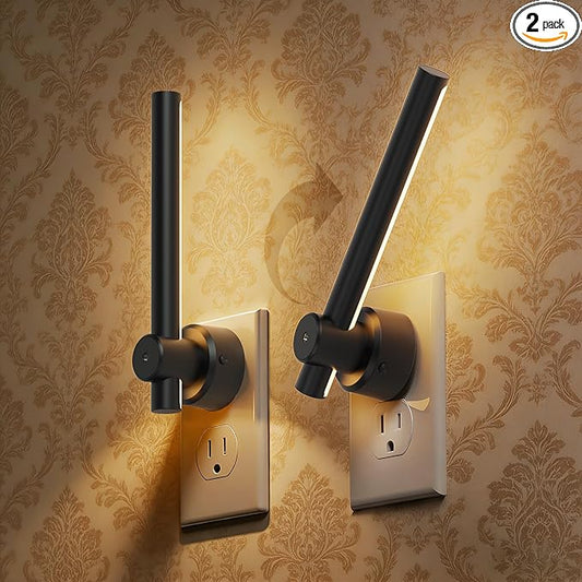 L LOHAS LED Night Light Plug in, 2Pack Dimmable Night Lights Plug into Wall, 330°Rotating Nightlight with Dusk to Dawn Sensor, Soft White, 0-100LM Modern Black Nightlights for Bathroom Mirror Restroom