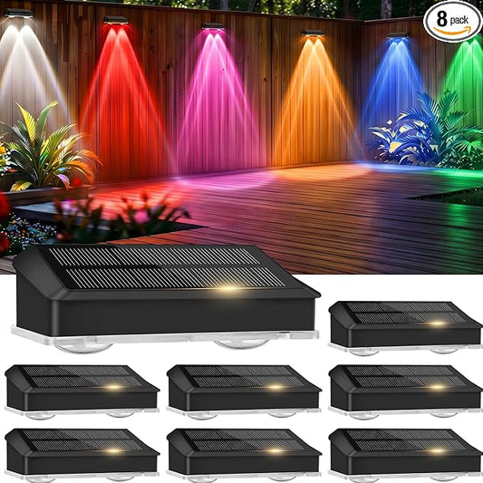 echosari 8 Pack Solar Fence Lights Outdoor Waterproof, Solar Wall Lights Color Changing 100 Lumen Ultra Bright Auto ON/Off for Backyard Patio Railing Porch (3000K-6500K & RGB)