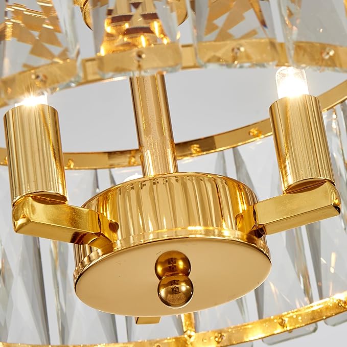 Crystal Ceiling Light, 3-Light Modern Semi-Flushmount Ceiling Light for Living Room, Dinning Room Hallway, D12xH9inch, Gold Finish Frame & K9 Crystal