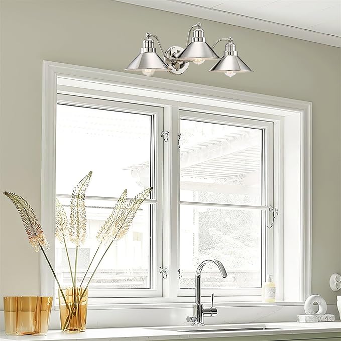 Kira Home Welton 25.5" 3-Light Modern Farmhouse Vanity Light with Funnel Shades, Industrial Wall Sconce Bathroom Light, Polished Nickel Finish