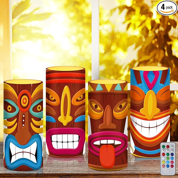 Tiamon Tribal Tiki Flameless Candles Led Hawaiian Battery Operated Luau Flickering Candles with 18-Key Remote Timer Pillar for Summer Holiday Tiki Bar Party Table Decorations