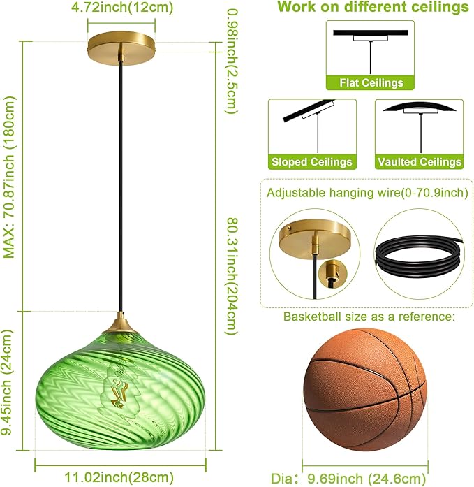 Glass Pendant Lights Kitchen Island, Gold Pendant Lighting Fixtures, Modern Hanging Ceiling Light with 11'' Striped Green Glass Shade for Farmhouse Dining Room Bedroom Hallway(1 Pack)
