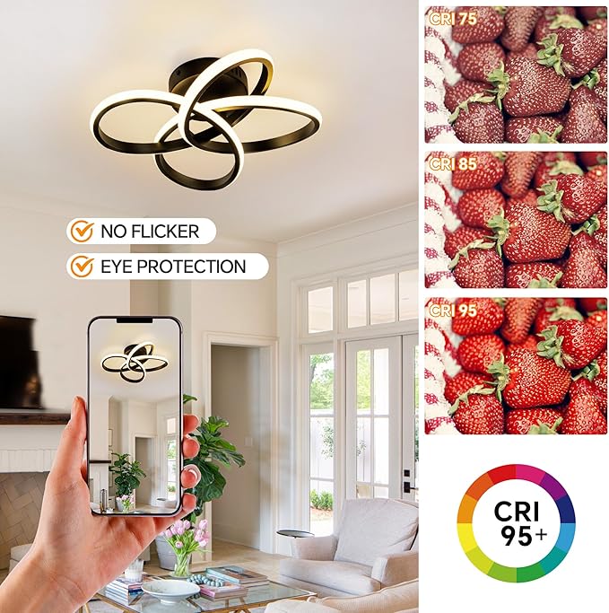 Modern Ceiling Light, 36W LED Dimmable Ceiling Light with Remote Control, 3000-6000K Color Temperature Changing, Black Small Chandelier for Bedroom, Entryway, Hallway, Kitchen