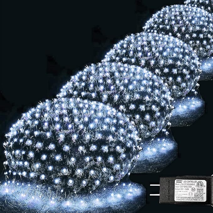 Pooqla 610 LED Christmas Net Lights, 34.5x5ft Outdoor Mesh Lighting, 8 Modes Waterproof Connectable Twinkle Strings for Bushes Yard Decor, Cool White