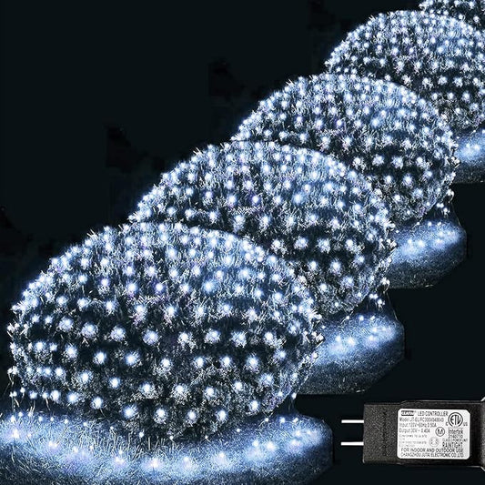 Pooqla 610 LED Christmas Net Lights, 34.5x5ft Outdoor Mesh Lighting, 8 Modes Waterproof Connectable Twinkle Strings for Bushes Yard Decor, Cool White
