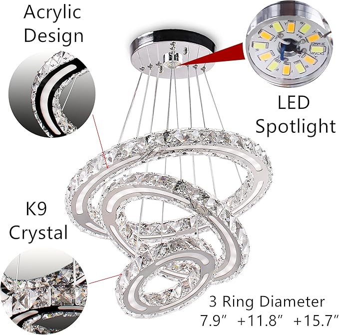 CXGLEAMING Modern Crystal Chandeliers DIY 3 Rings Dimmable Ceiling Light Fixture LED Pendant Lamp for Kitchen Dining Room Living Room Bedroom 180mm Base 153 Crystals (Dimmable)