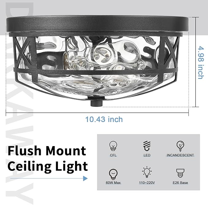 Darkaway Flush Mount Ceiling Light Indoor Outdoor Ceiling Light Fixtures with Water Ripple Glass Shade,Modern Ceiling Fxiture for Laundry Kitchen Bedroom Bathroom Porch Living Room