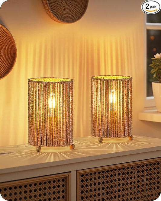 Small Rattan Table Lamps Set of 2, Boho Bedside Lamps Set of 2, Handwoven Paper Lampshade, 4W 2400K LED Bulb Included, Boho Desk Lamp, Nightstand Lamp for Bedroom, Living Room, S11TLP205