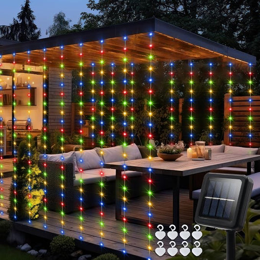 echosari Solar Curtain Lights 7.9ft x 6ft 144 LED Outdoor Curtain Lights Waterproof with Timer 8 Modes for Christmas Garden Patio Fence Wedding Wall Window Gazebo Decor - Multicolor