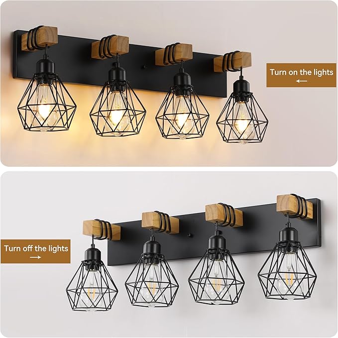 4 Light Farmhouse Vanity Light for Bathroom, Wood Bathroom Vanity Light Fixtures Over Mirror, Rustic Sconces Wall Lighting with Metal Lampshade for Living Room, Bedroom, Hallway