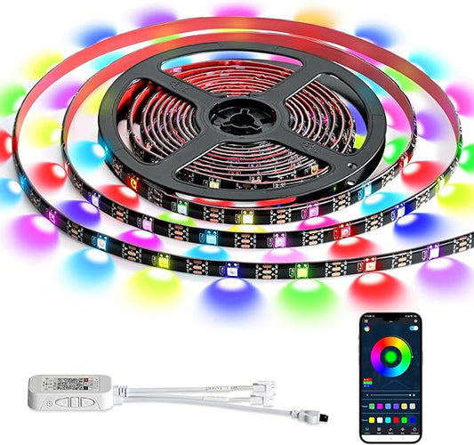 Upgrade Smart RGB Music Sync Multiple Colors Chasing 16.4ft neon Led Strip Lights Cuttable and Linkable, Flexible Outdoor Led Strip Lights Waterproof, Button or APP Control led Lights Strip