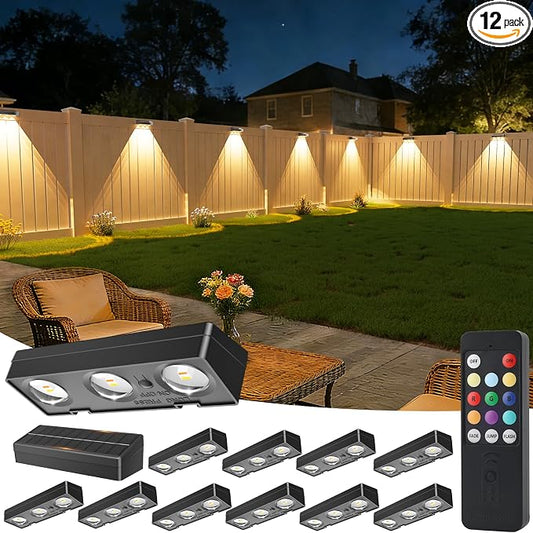 JOFIOS Solar Fence Lights with Remote 12 Pack, Color Changing RGB & Warm White, 12 Dynamic Modes, IP65 Waterproof, Solar Lights for Fence, Deck, Backyard, Patio Holiday & Party Decoration