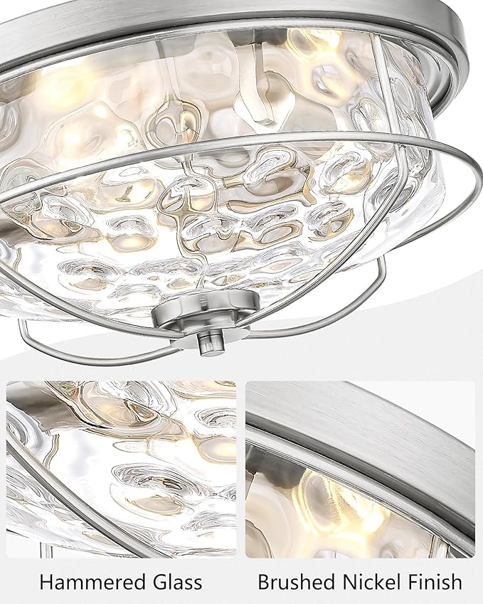 15 Inch Ceiling Light Fixtures, HWH 3-Light Modern Flush Mount Light with Brushed Nickel Finish, Water Ripple Hammered Glass Ceiling Lights for Kitchen Hallway Foyer, 5HTJ102WG-F BN
