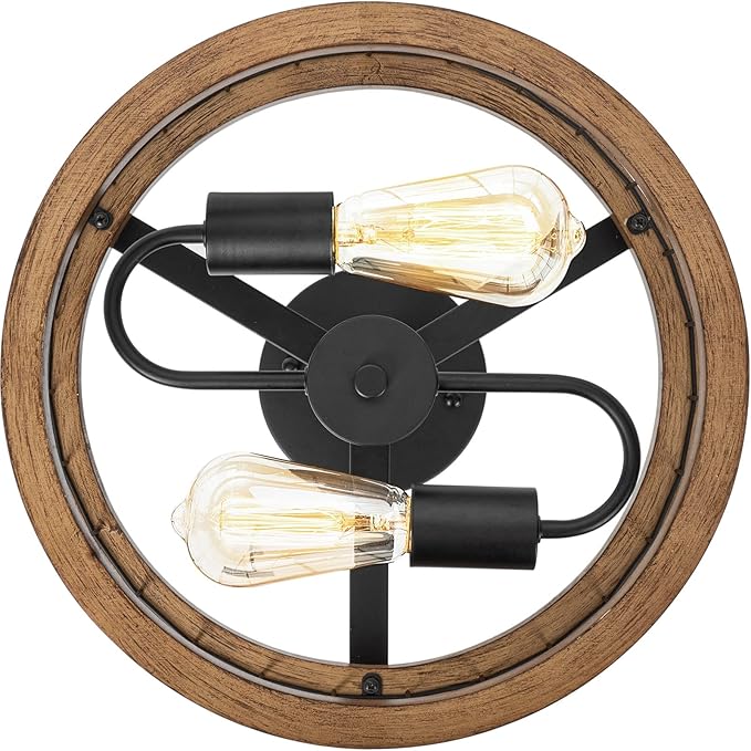 2-Light Farmhouse Semi Flush Mount Ceiling Light Fixture, Rustic Drum Wood Ceiling Lamp for Hallway Kitchen Entryway Foyer Bedroom Laundry Room, Nature Wood Texture and Black Metal Fence Finish