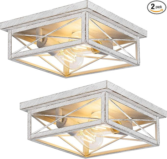 White Hallway Light Fixtures for Ceiling, 2-Light Farmhouse Industrial Flush Mount Ceiling Lights, 2-Pack Metal Kitchen Light Fixtures, Square Close to Ceiling Lights for Bedroom Living Room Entryway