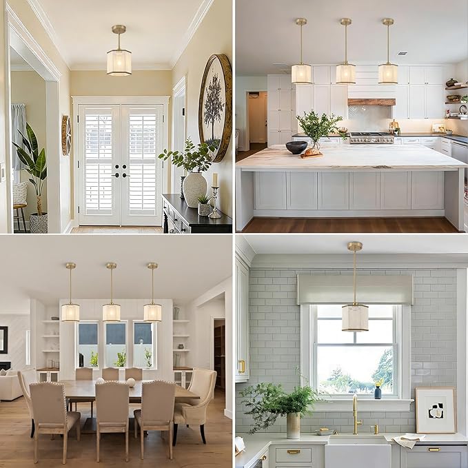 3-Pack Modern Gold Rattan Pendant Light Fixtures, 7.67" Hand-Woven Hexagonal Island Lighting, Boho Hanging Pendant for Kitchen Island, Dining Room, Hallway, E26 Base