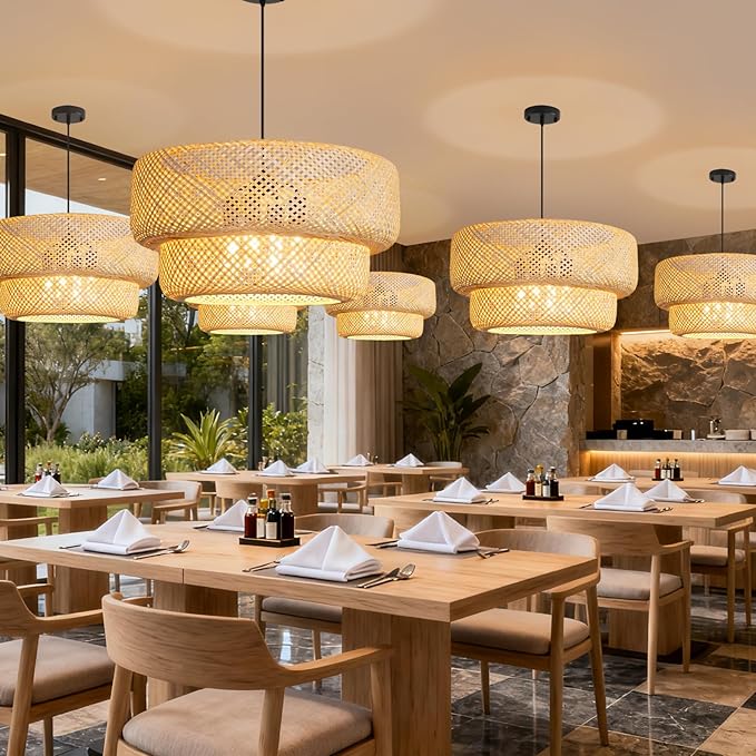 23.62” Farmhouse Bamboo Chandelier 4-Lights Large Hand-Woven Rattan Pendant Light Boho Wicker Dining Room Lights Fixtures for Living Room Bedroom Restaurant Cafe Kitchen Island