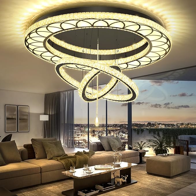 Flashing God Dia 48" Large Crystal Chandelier Modern Black Chandeliers LED Dimmable Flush Mount Chandelier Crystal Ceiling Light for Living Room Bedroom Foyer
