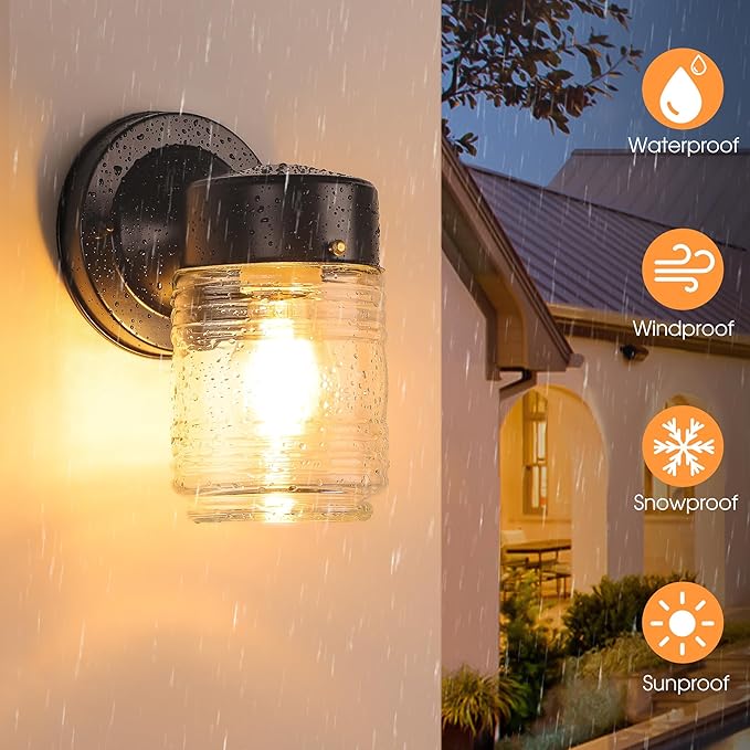 MATAMEYE Jelly Jar Outdoor Wall Lantern, Black Exterior Waterproof Wall Mount Lighting Fixture, Anti-Rust Front Door Sconce with Clear Ribbed Glass, E26 Socket Lights, 2 Pack