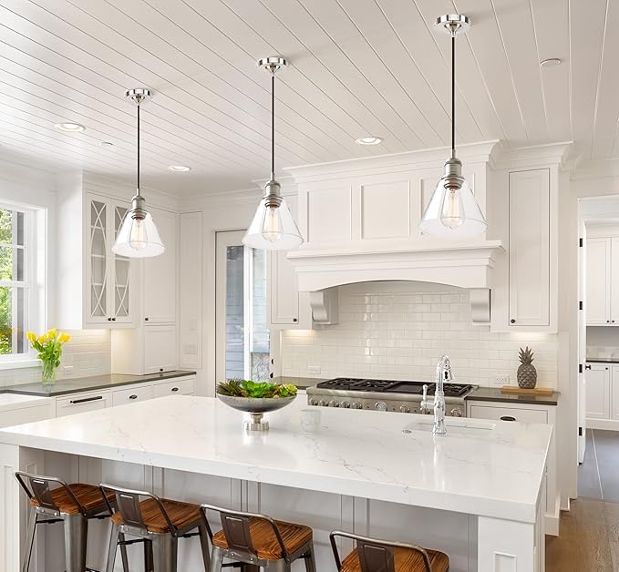 Yosoan -Light Vintage Edison Hanging Pendant Light, Mini Funnel Flared Glass Clear Glass Shade for Kitchen Bathroom Porch Living Room Dinning Room Office Restaurants Hotels Bar Island (Brushed)