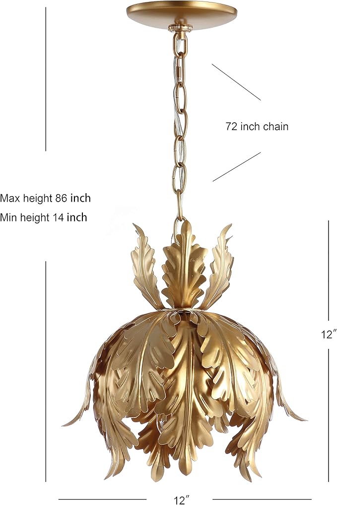 JONATHAN Y 12" Gold 1-Light Iron Pendant Light, Adjustable Height Lotus Leaf Design Hanging Fixture for Bathroom Hallway, Classic French Country, LED Bulb Included JYL9509A