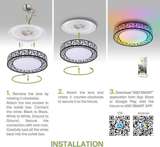 ASD 16 Inch Smart RGBW Flush Mount Ceiling Light with Remote - Matte Black 28W 120V 2700-6500K Dimmable Ceiling Light Fixture, WiFi App Control RGB Lights, Alexa & Google Assistant - ETL, 4 Pack