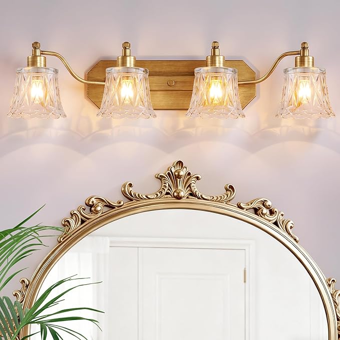Gold Bathroom Light Fixture, 4 Light Brass Vintage Vanity Light, Antique Gold Finish with Crystal Glass Shade, Antique Brushed Gold Vanity Lights for Bathroom/Bedroom/Hallway
