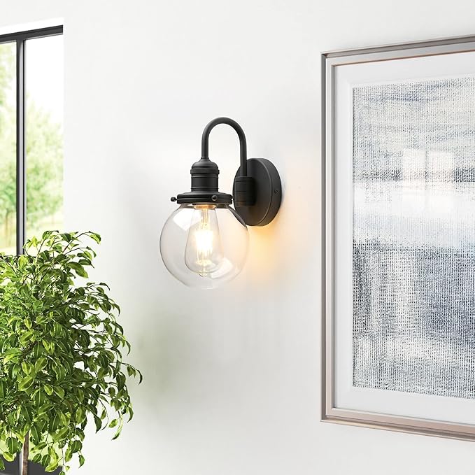 Industrial Vintage U-Shaped Wall Sconce 1-Light with 5.9” Round Clear Glass Globe Shade Indoor Wall Mounted Lamp Fixture