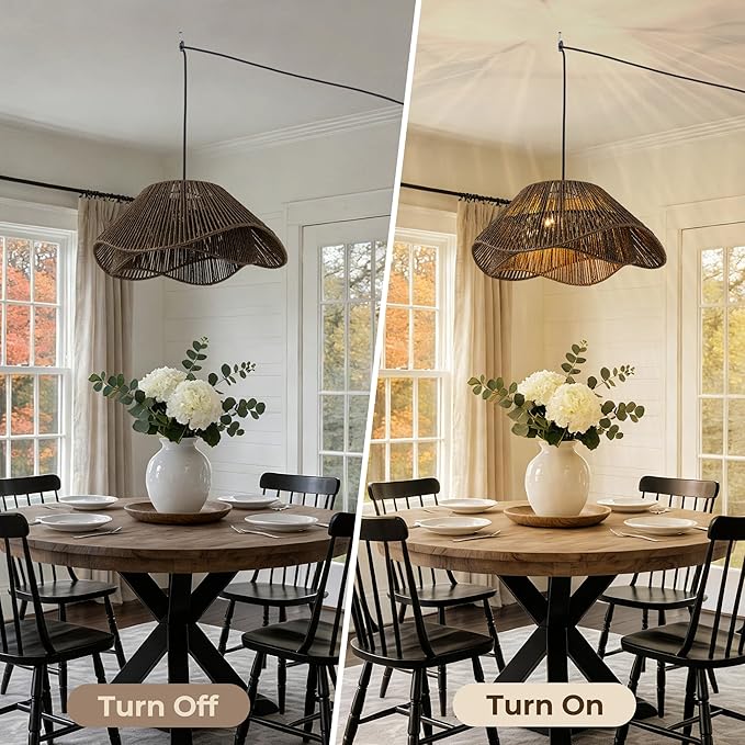 Lumstory Rattan Plug in Pendant Light for Ceiling Farmhouse Dark Brown Boho Woven Hanging Lights with Plug in Cord, Wicker Hanging Lamp with Dimmable Switch, Rattan Chandelier for Dining Room, 3-Light