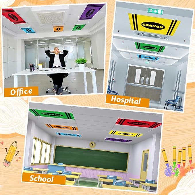 Wiooffen 6 Pcs Fluorescent Light Covers with 60 Magnets Decorative for Classroom Ceiling Lights 4 x 2 Feet Magnetic Light Cover Filter Easy Install for Office Hospital Home Ceiling Supplies (Crayon)