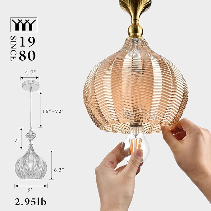 Modern Glass Pendant Light, 9"x15.3" Amber Sunset-Striped Hanging Fixture with Gold Cap, 15"-72" Adjustable Line, E26 Socket for Entryway or Bar Area – Sunset Gold Chalice