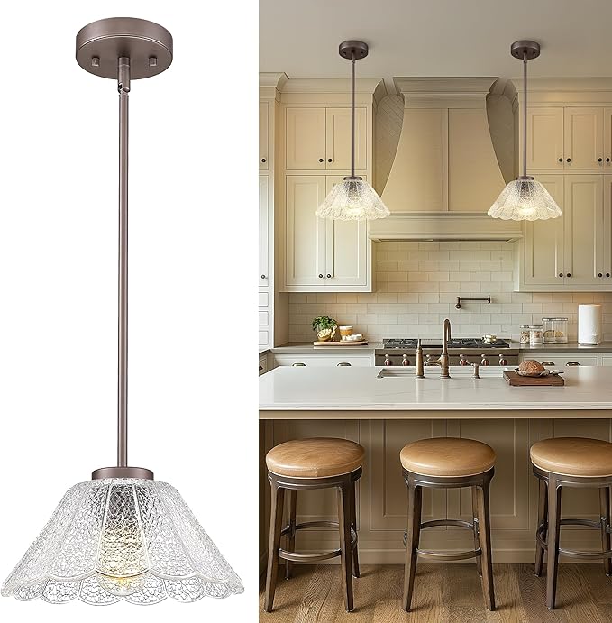 Pendant Lights Kitchen Island, HWH Kitchen Island Lighting for Bathroom, Dining Room, 1-Light Hanging Lights Fixtures with Clear Floral Glass, Oil-Rubbed Bronze Finish, 5HJX110MIL ORB