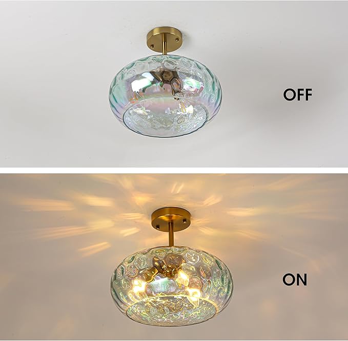 Semi Flush Mount Ceiling Light, 14" Large 3-Lights Ceiling Light Fixture with Iridescent Hammered Glass Shade, Modern Chandelier for Hallway Entryway Foyer Bedroom, Brass/Gold