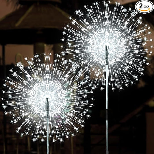 JJGoo Solar Firework Lights, 2 Pack 150 LEDs 2 Lighting Modes Solar Lights Outdoor Waterproof for Garden Patio Walkway Pathway Party Wedding Christmas Decorative - White