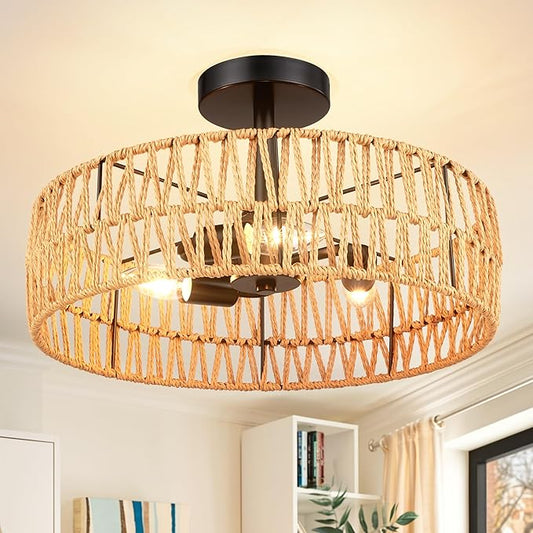Hamilyeah Boho Woven Flush Mount Ceiling Light Fixture, 16 inch Rattan Light Fixture Ceiling Mount for Living Room, Bedroom, Kitchen