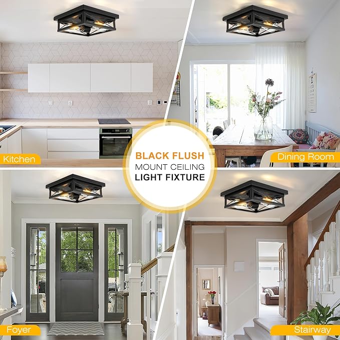 Black Flush Mount 2-Light Industrial Vintage Metal-Framed Ceiling Light for Hallway, Foyer, Kitchen, Bedroom, Living Room, Laundry (E26 Base)