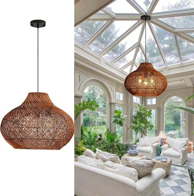 18.9IN Boho Rattan Chandelier 3-Lights Hand-Woven Rattan Pendant Light Farmhouse Wicker Dining Room Light Hanging Bamboo Pendant Light Fixture for Kitchen Island Living Room Hallway Reataurant