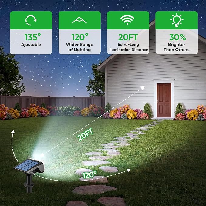 Solar Spotlights Outdoor Waterproof IP65 - Solar Spot Lights Uplights for Garden Yard Tree Flag Statue Flower Beds Landscape Auto On/Off 2 Lighting Modes Wall-Mount & Ground Stake White - 4 Pack