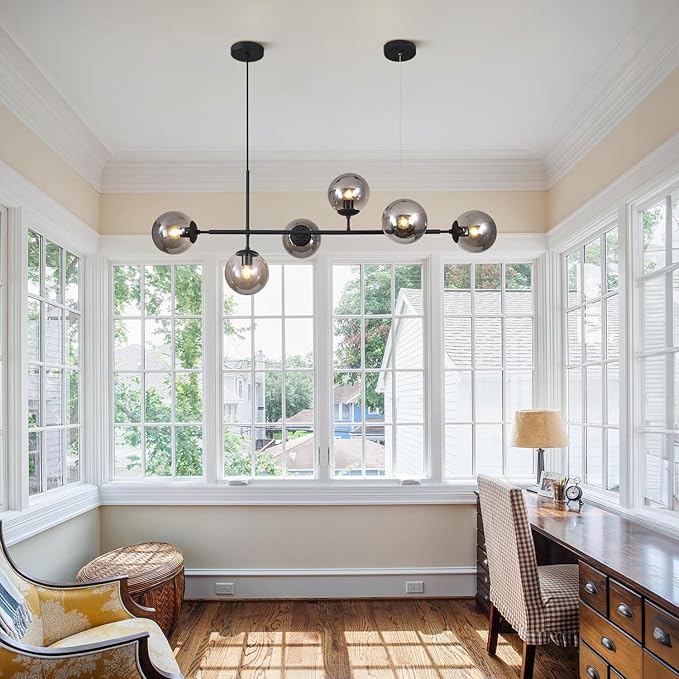 BOKT Mid Century Modern Globe Linear Chandelier Pendant Light Fixture Black Smoke Gray Glass Kitchen Island Pendant Light Dining Room Ceiling Hanging Lamp