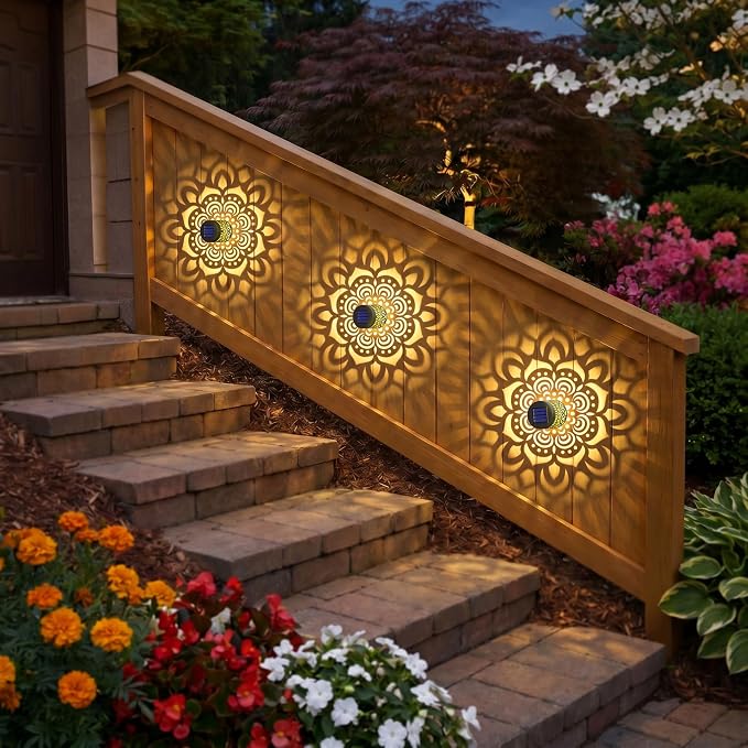 Solar Fence Lights 4 Pack Outdoor Deck Step Wall Lights Metal Waterproof LED Warm Yellow Light for Garden Post Patio Backyard Yard Decor (Mandala-1, 4)