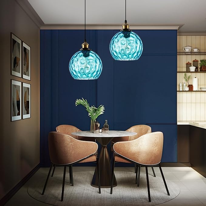 2-Pack Blue Glass Plug in Pendant Light, Boho Swag Hanging Lamps with 14.76ft Cord, Coastal Hammered Glass Globe Ceiling Hanging Lights for Bathroom Living Room Kids Bedroom