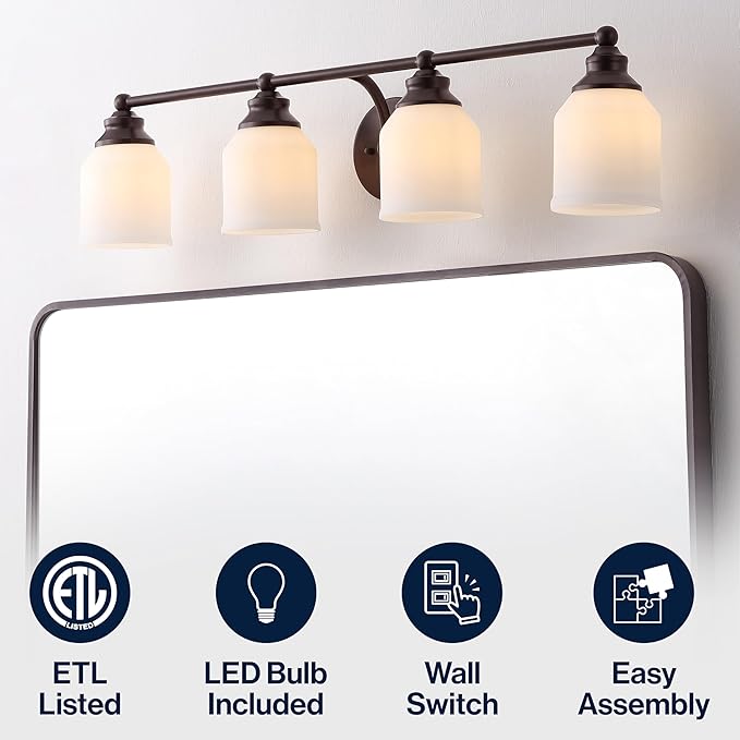 JONATHAN Y 33.25" Oil Rubbed Bronze/White Modern Farmhouse LED Vanity Light Wall Sconce Fixture, Frosted White Glass Shade, Dimmable Wall Lamp for Bathroom Mirror Kitchen Sink, UL Listed (JYL7552C)