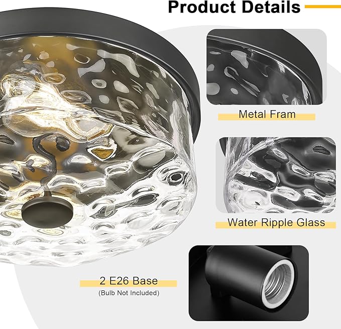 Flush Mount Ceiling Light with Water Ripple Glass Shade, Modern 2-Light Ceiling Lighting for Kitchen Living Room Porch Hallway, Industrial Black Ceiling Lamp for Lighting and Decoration