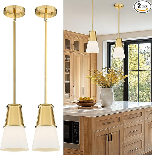 Beionxii 2 Pack Pendant Lights Kitchen Island, Pendant Lights Kitchen Island 2 Pack Gold, Kitchen Pendant Lighting Over Island, Gold Pendant Lights Kitchen Island, Milk Glass Shade, BX-PL01BG-2PK