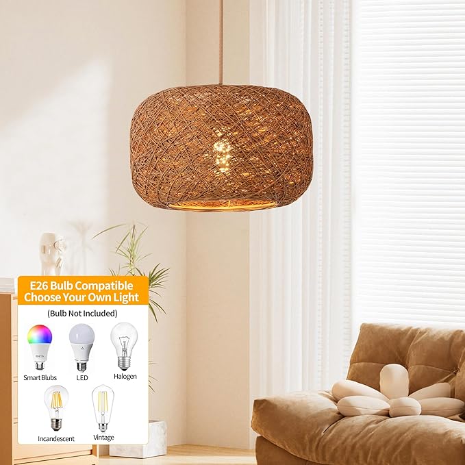 Plug in Pendant Light with Woven Rattan Lampshade, 12” Boho Hanging Lamp with 15FT Cord & On/Off Switch, E26 Socket, Ceiling Hook Installation for Bedroom Living Room Dining Nook Apartment