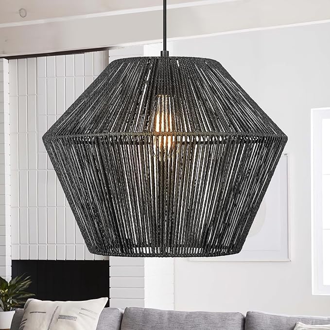 ELYONA 16.5” Large Modern Woven Chandelier Farmhouse Coastal Pendant Light Fixtures Matte Black Handwoven Rattan Basket Shade Boho Pendant Hanging Lamp for Kitchen Dining Room Bedroom Foyer Hallway