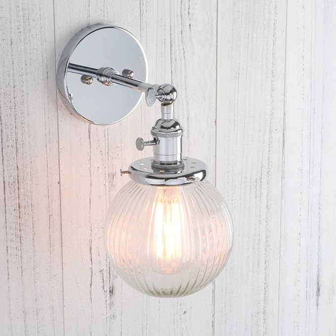 PERMO Sconce with Switch Industrial Gold Wall Sconce Lighting with Ribbed Globe Lampshade (Chrome, 1 Light-Hardwired)