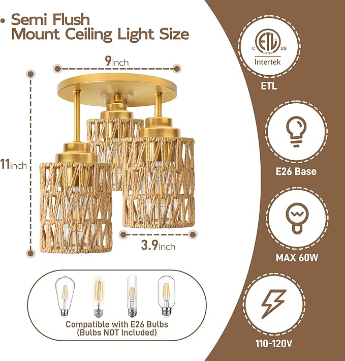 hykolity 3-Light Semi Flush Mount Ceiling Light Fixture, Boho Farmhouse Light Fixtures Ceiling Mount with Hand Woven Rattan Shade, Gold Ceiling Lighting for Kitchen, Bedroom, Entryway, Hallway, ETL