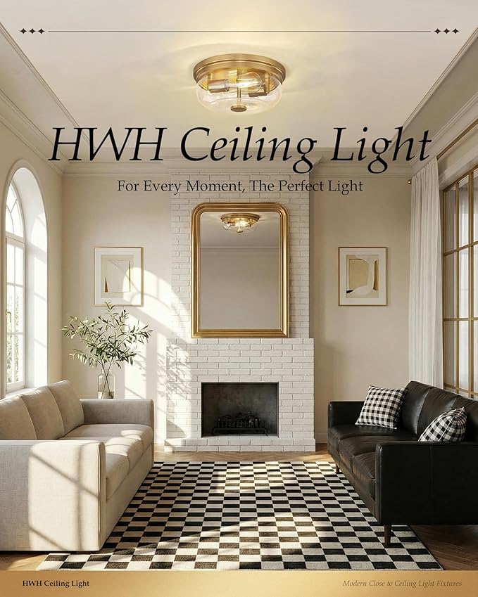 Flush Mount Ceiling Light Fixture, HWH 2-Light Ceiling Light Fixture with Clear Glass, 12 Inch Light Fixtures Ceiling Mount for Kitchen, Bedroom, Bathroom, 5HJX109F BG