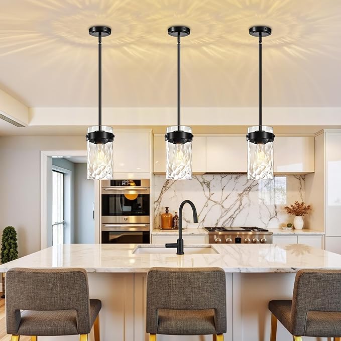 4.72" Hammered Glass Pendant Lighting for Kitchen Island 1 Pack, Modern Black Pendant Light Fixtures, Adjustable Ceiling Pendant Light for Kitchen Island Dining Room Bedroom Hallway